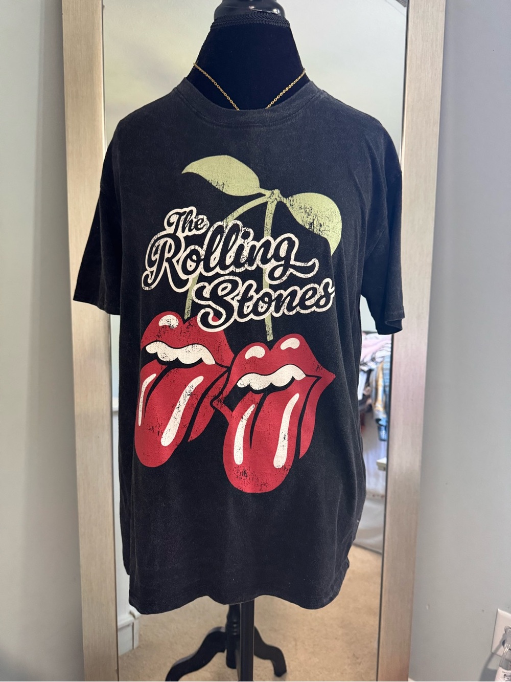 Women's The Rolling Stones Black Tee with Red Tongue Graphic and Cream Accents